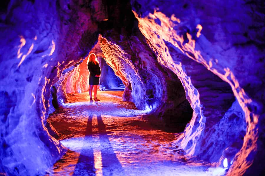 Glowworm-lit limestone passage deep inside Ruakuri Cave, Waitomo